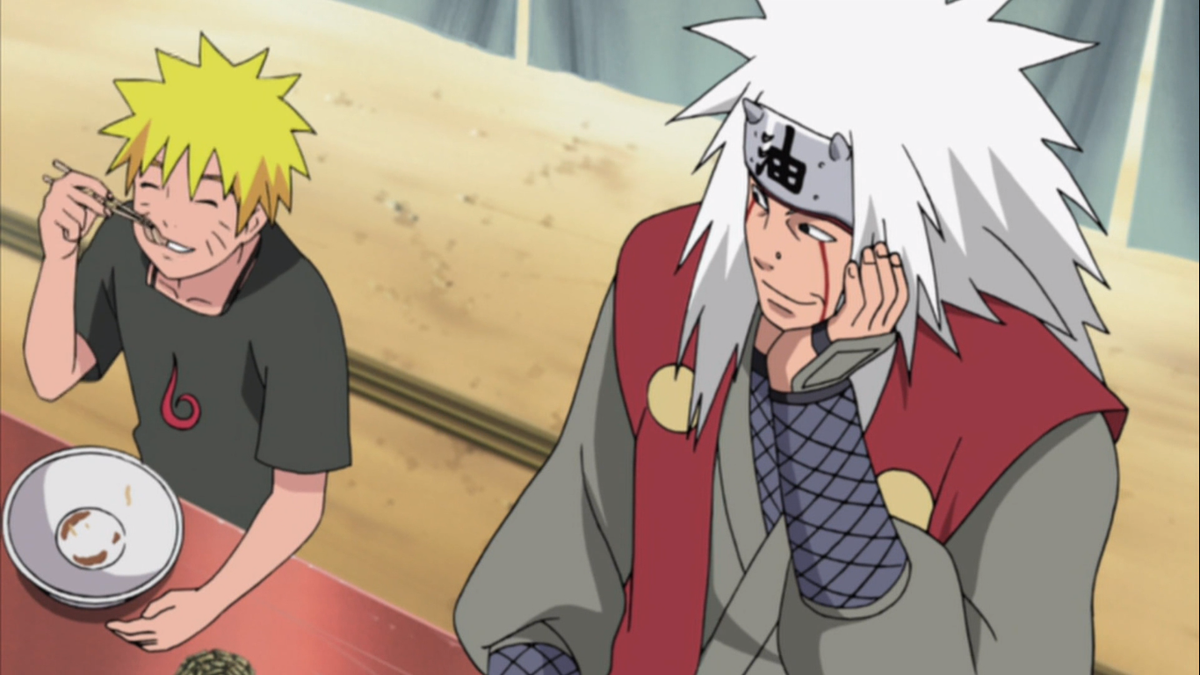 кадр из аниме Наруто - Джирайя угощает Наруто после миссии