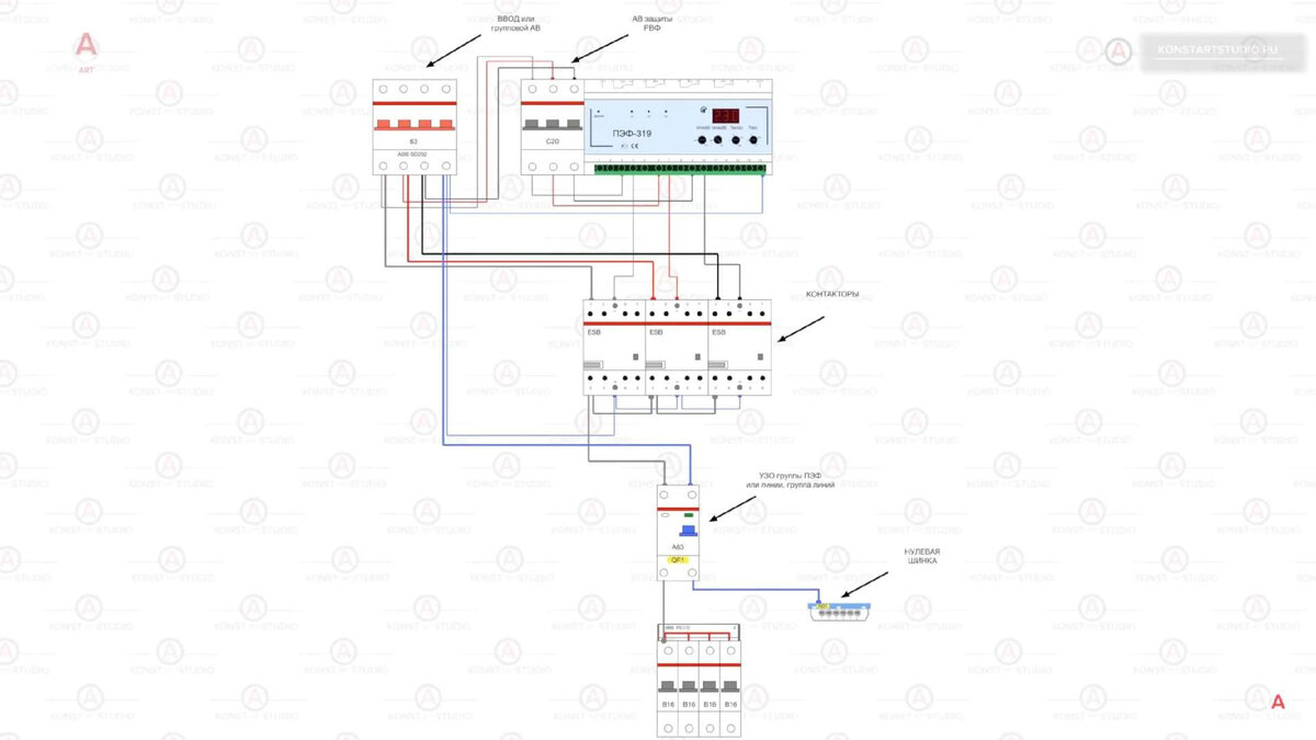 Схема подключения ПЭФ-319 с контакторами