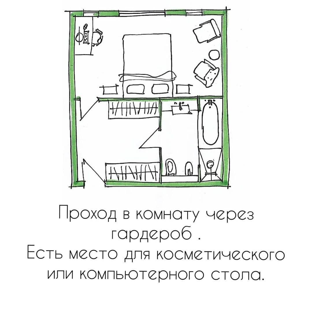 Спальная расположена в отдельном крыле и вход осуществляется из гардеробной, оттуда уже - в спальную и ванную. Приходящий не будет сразу видеть кровать, а собирающийся утром человек сможет закрыться в комплексе гардеробная-ванная и там собираться, пока второй досыпает. 