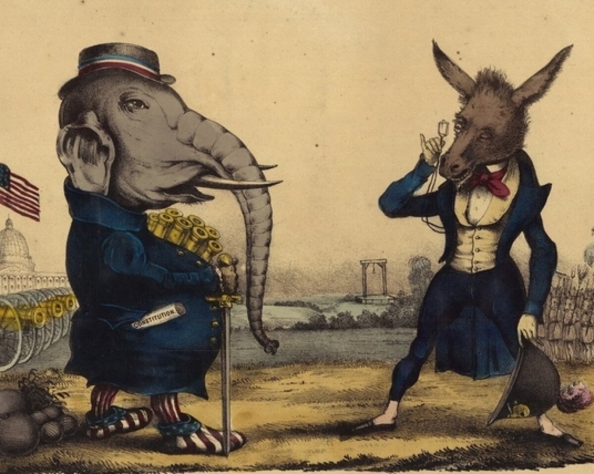 Слон против Осла, двухпартийная система Америки (19-й век, плакат)