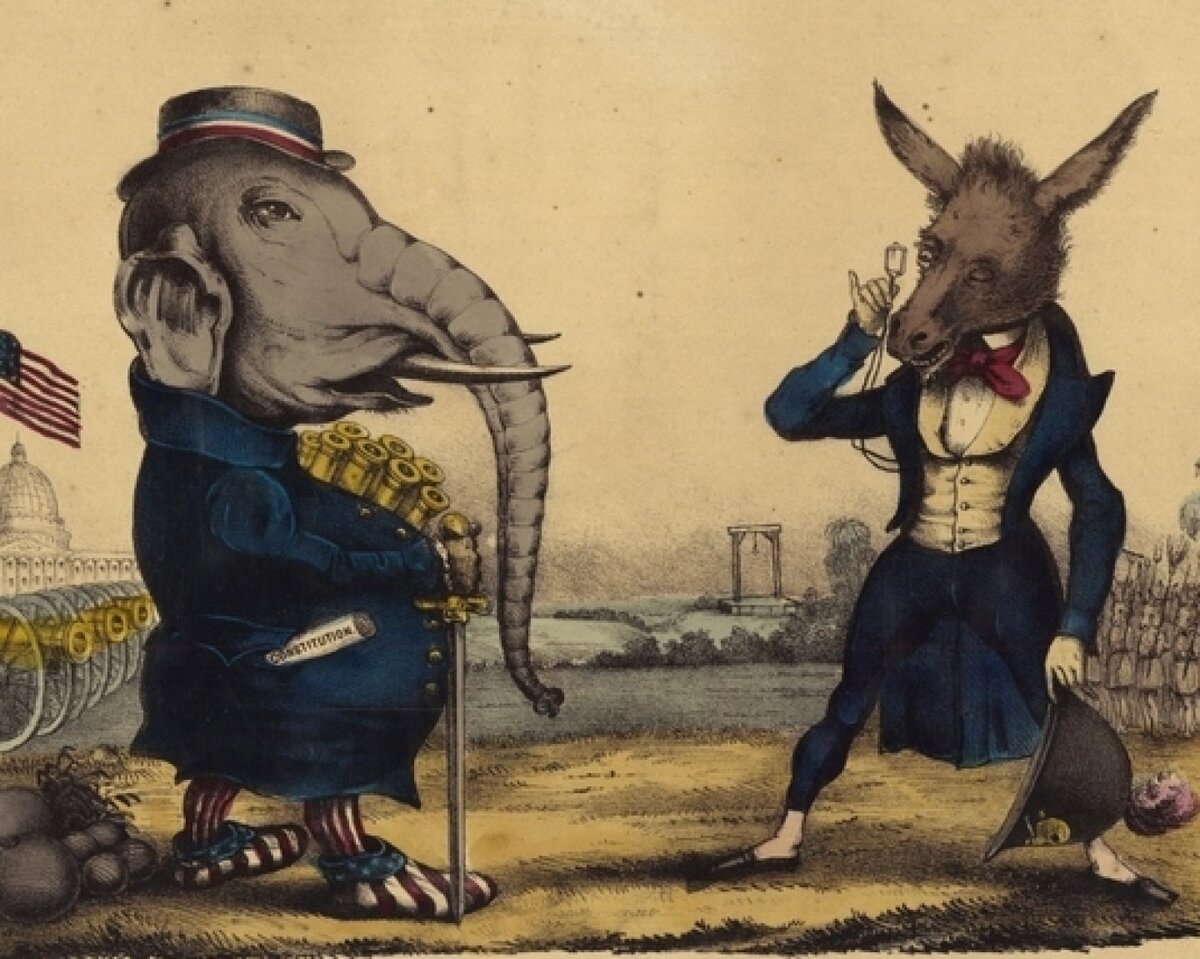 Слон против Осла, двухпартийная система Америки (19-й век, плакат)