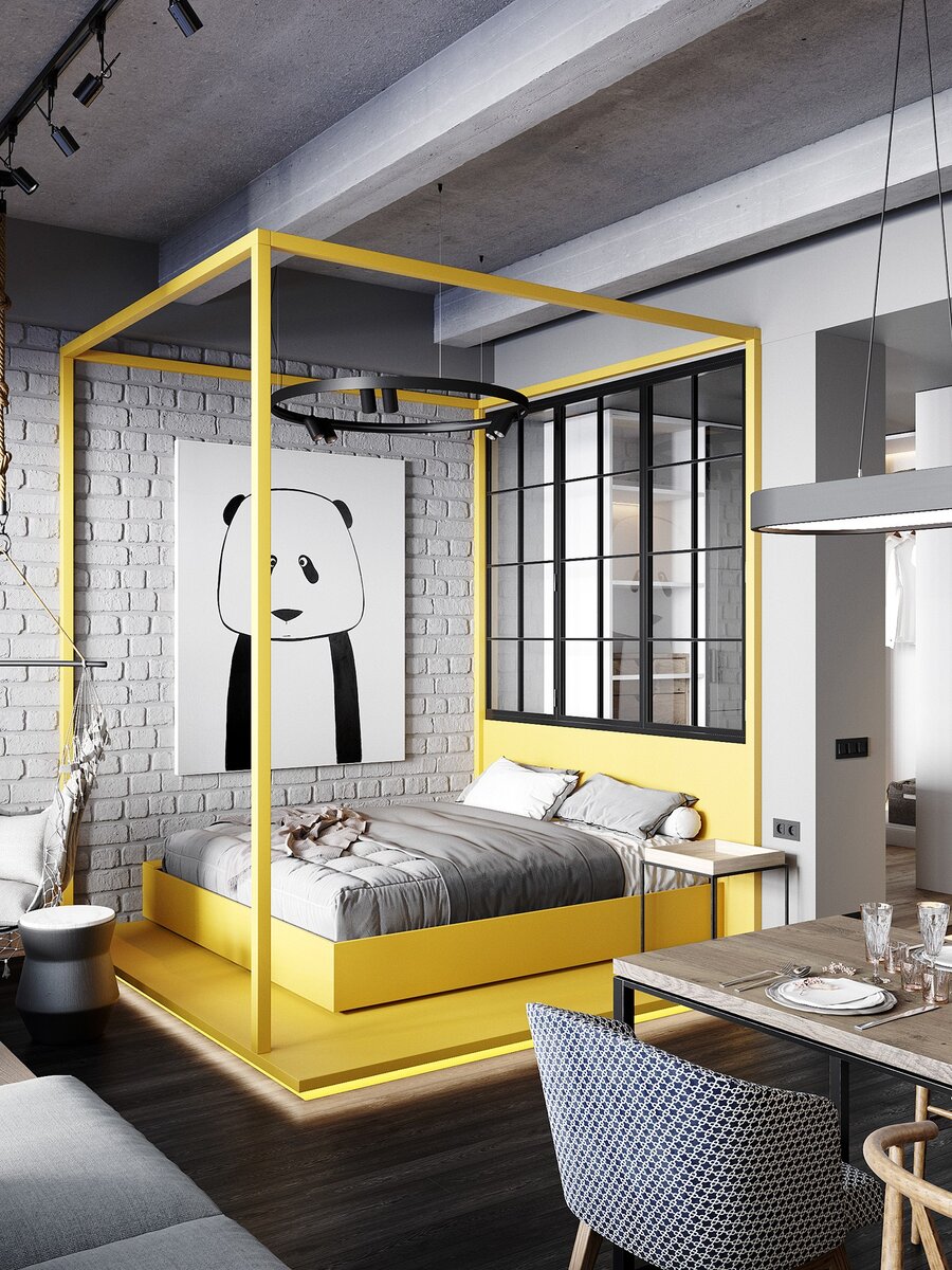 Желтая комната в стиле лофт