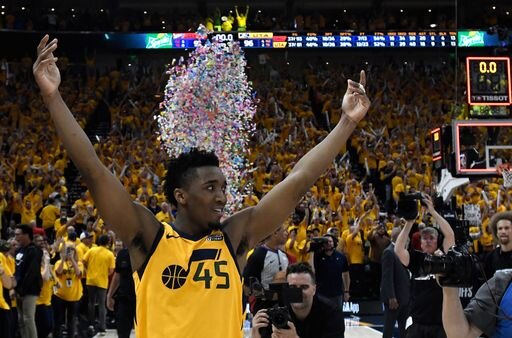  APRIL 27: Donovan Mitchell #45 of the Utah Jazz celebrates the Jazz win at the end of Game Six of Round One of the 2018 NBA Playoff