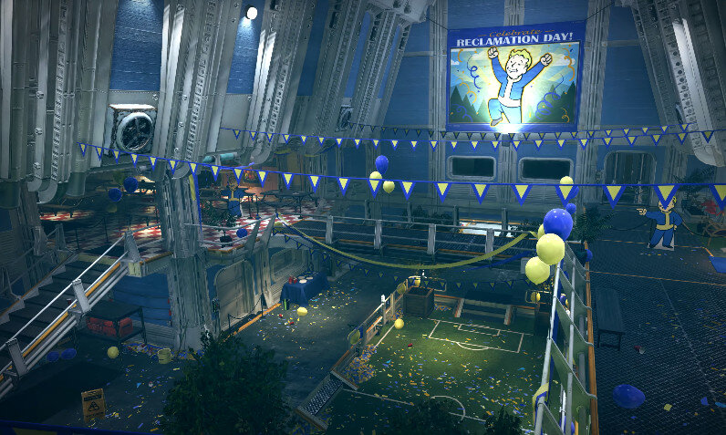 В трейлере нам показывают последствия вечеринки под слоганом "Raclamation Day!", что можно перевести как "День восстановления" т.е. открытие двери убежища, с дальнейшим восстановлением окрестных развалин. Строительство и разнообразный крафт точно будут на месте.