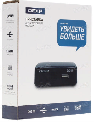 Общие параметры Тип
приставка для цифрового ТВ
Модель
DEXP HD 2551P
Основной цвет
черныйПараметры тюнера
Цифровые телевизионные стандарты
DVB-T, DVB-T2
Формат сжатия видео
MPEG2, MPEG4, DiVX, H.264, MPEG1
Стандарты HDTV
720p, 1080i, 1080p, 576p, 576i, 480p, 480i
Формат выводимого изображения
16:9, 4:3Функции
Запись на внешний носитель
есть
Функция TimeShift
есть
Электронный телегид
есть
Телетекст
естьМультимедиа
Воспроизведение контента с внешних носителей
есть
Форматы файлов
AVI, TS, MOV, DAT, MP3, JPEG, MPEG2, MPEG1, AAC, BMP, AC3, EAC3
Поддержка Dolby Digital
нетРазъемы и коммутация
Цифровые интерфейсы
HDMI, USB
Аналоговые разъемы
композитный AV (RCA)
Сквозной антенный выход
есть
Слот CI
нетДополнительная информация
Дисплей
нет
Комплектация
документация, пульт ДУГабариты/вес
Ширина
75 мм
Глубина
60 мм
Высота
25 мм
Вес
50 г 