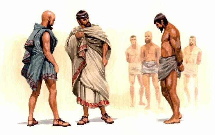 Продавец и покупатель раба. Современная иллюстрация.