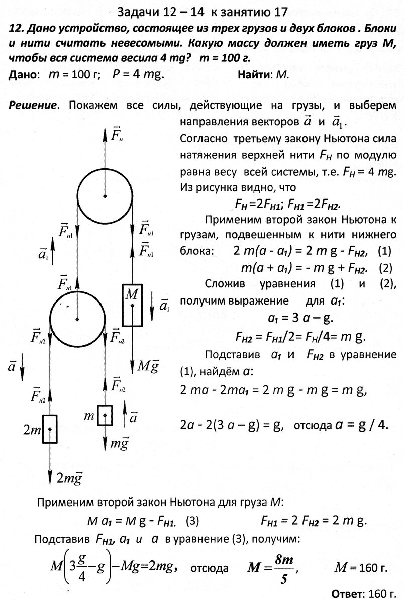 Решение задач 12 - 14 на законы Ньютона (система грузов на нити,  перекинутой через блок; брусок на подвижном клине и доске) | Основы физики  сжато и понятно | Дзен