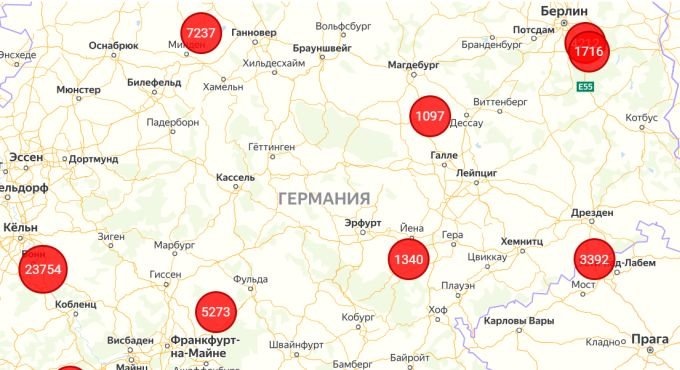 Карта распространения коронавируса в ФРГ. Источник: coronavirus-info.ru.