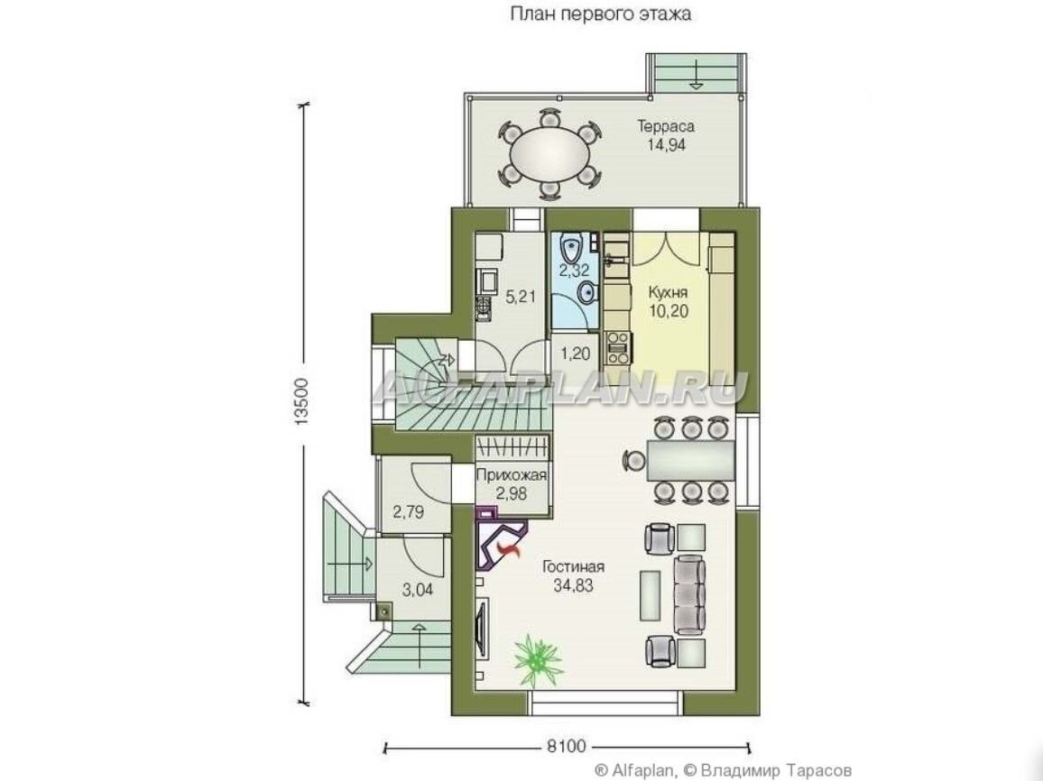 НА СЛАЙД-ШОУ 2 ФОТО: Планировка дома по проекту "Вишневый сад" 71в.
1 этаж:
· остекленный тамбур при входе в дом
· основная площадь 1 этажа – просторное и светлое помещение гостиной, совмещенной с кухней и столовой (45 м2).
· выход из кухни на крытую террасу, которая может быть остеклена и использоваться в летнее время как столовая