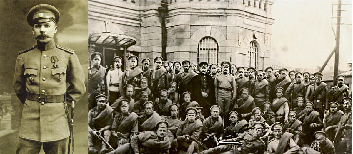 Влади́мир Григо́рьевич Фёдоров (1874-1966) - русский и советский конструктор стрелкового оружия, доктор технических наук. Создатель знаменитого автомата. На фото в чине полковника. Генерал-майор императорской и генерал-лейтенант советской армий. На фото справа он стоит в центре (в темной шинели) с солдатами и офицерами "автоматической роты" во время подготовки в Офицерской стрелковой школе в Ораниенбауме в 1916 году.  Предположительно, справа от него стоит командир роты поручик И.Е. Серебряков.