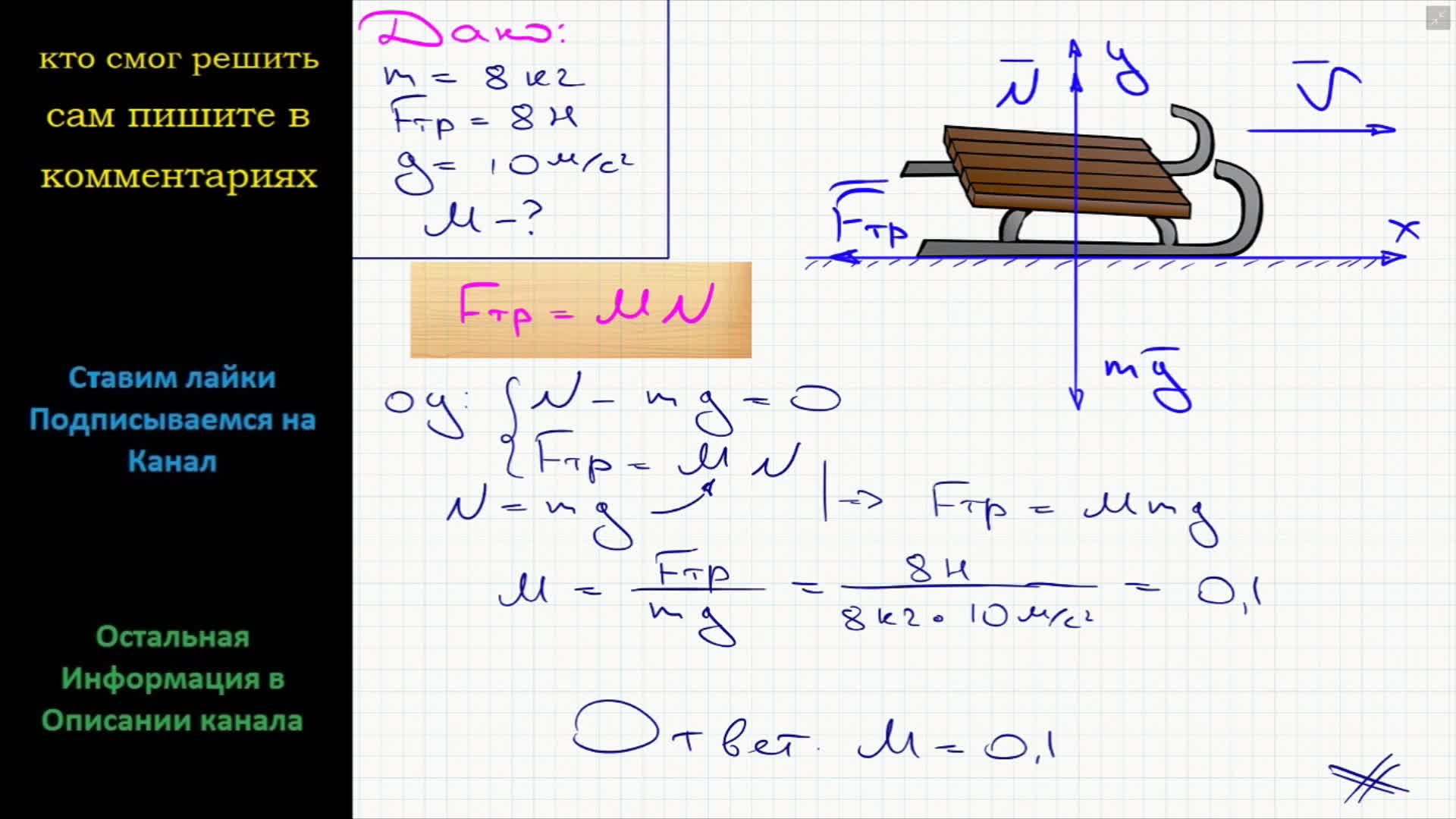 Физика На санки массой 8 кг, скользящие по горизонтальной дороге, действует  сила трения 8 Н. Определите коэффициент трения между полозьями