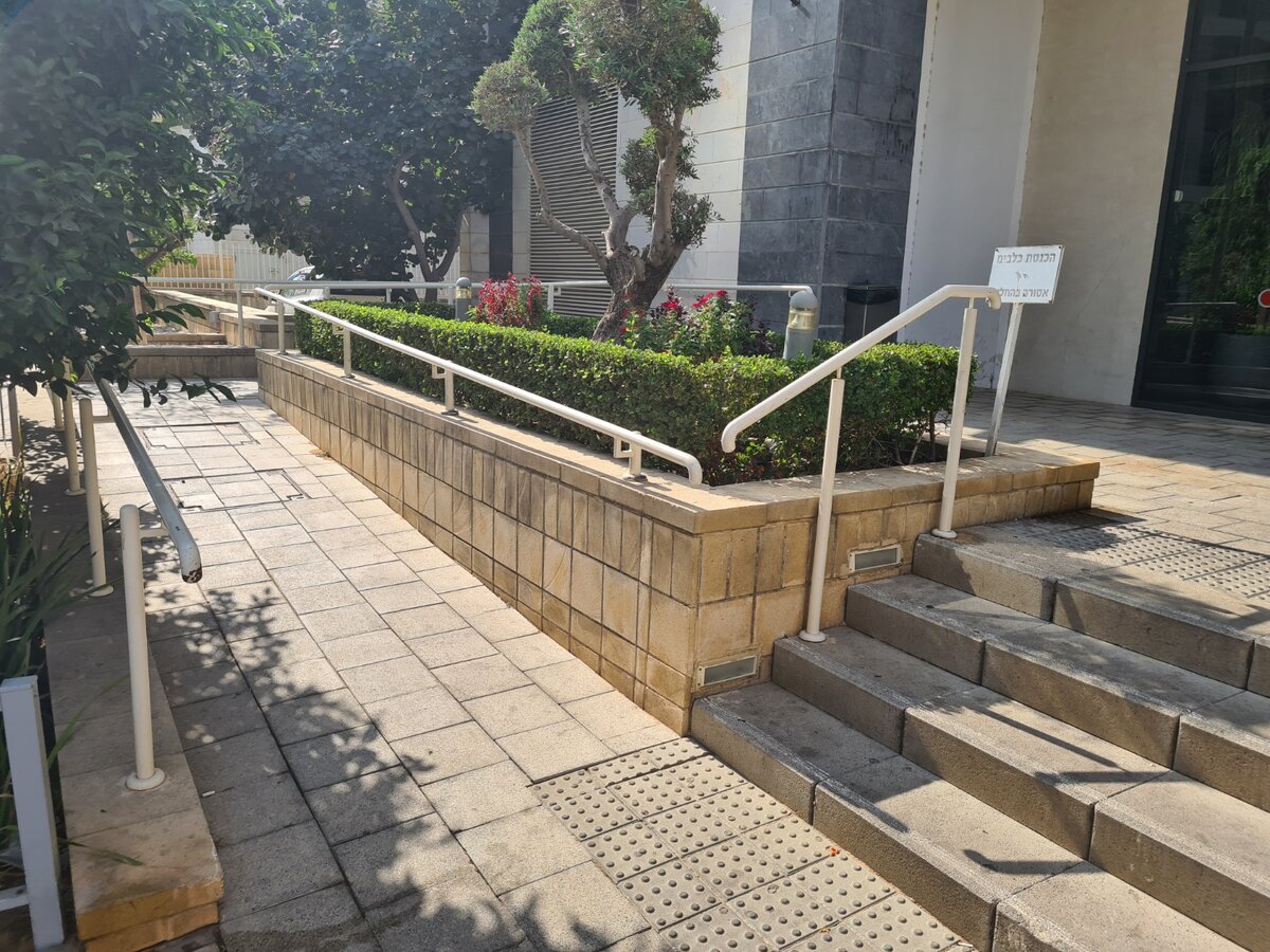 Пандус перед входом и газон