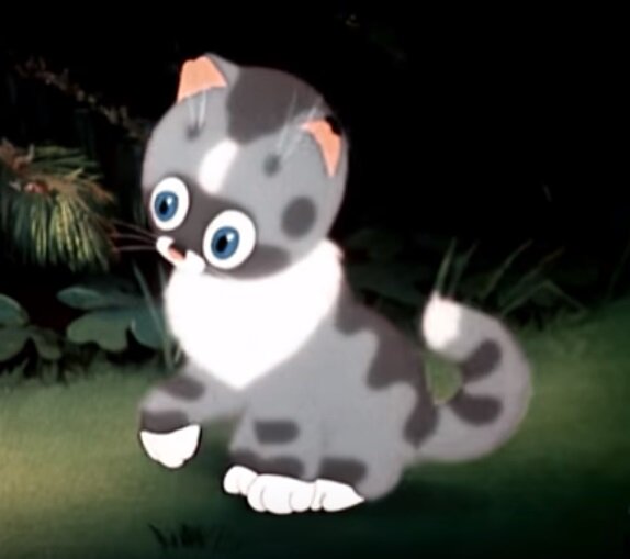 кадр из мультфильма "Непослушный котёнок", Союзмультфльм, 1953. Сценарий и постановка: Мстислав Пащенко, художники-постановщики: Борис Дежкин, Валентина Василенко, композитор: Карен Хачатурян 