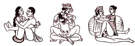 Мужчины приходят на час раньше женщин, и Сергей показывает и объясняет им, как правильно делать массаж. Затем, когда уже вся группа в сборе, разминка и еще раз в течение примерно полутора часов все делают упражнение «Олень». После перерыва на обед теория. По понятным причинам следующие упражнения на семинаре не выполняются. Это своего рода домашнее задание.
«Выигрывающе-сдерживающая», «Черепашья» и «Парноножья» позиции. Рисунки с миниатюр ХIХ века.