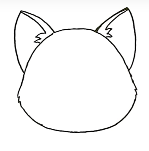 На первом этапе рисуем голову, по форме напоминающую нижнюю часть груши. К ней добавляем острые ушки в виде выгнутых треугольников, внутри располагаем зигзагообразную линию, отделяющую их внешнюю часть.
