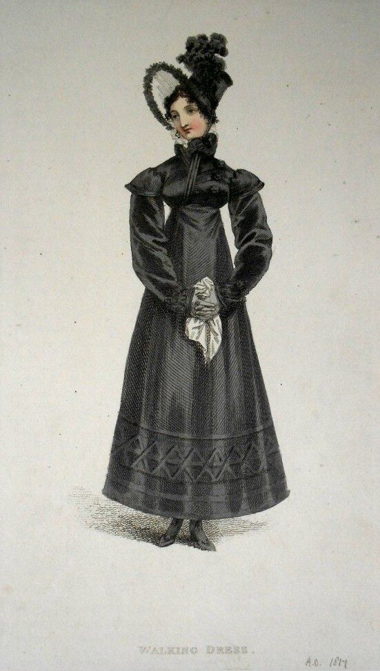 Траурное прогулочное платье, модная гравюра, Ackermann's Repository of Arts, декабрь 1817