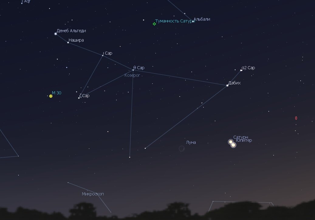 Луна, Сатурн и Юпитер вечером 17 декабря 2020 года, программа Stellarium