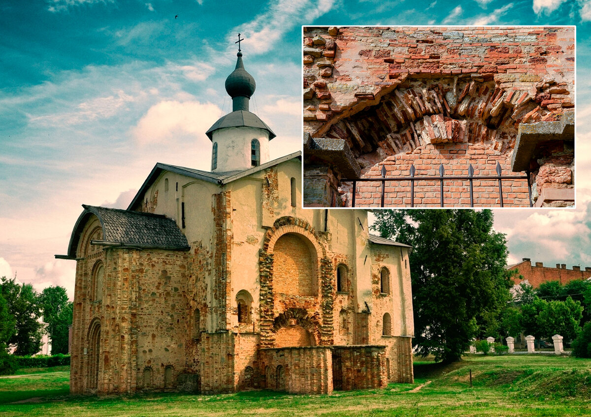 Церковь Параскевы Пятницы на Торгу 1207г (г.Великий Новгород). Арка южного входы выполнена из плинфы.