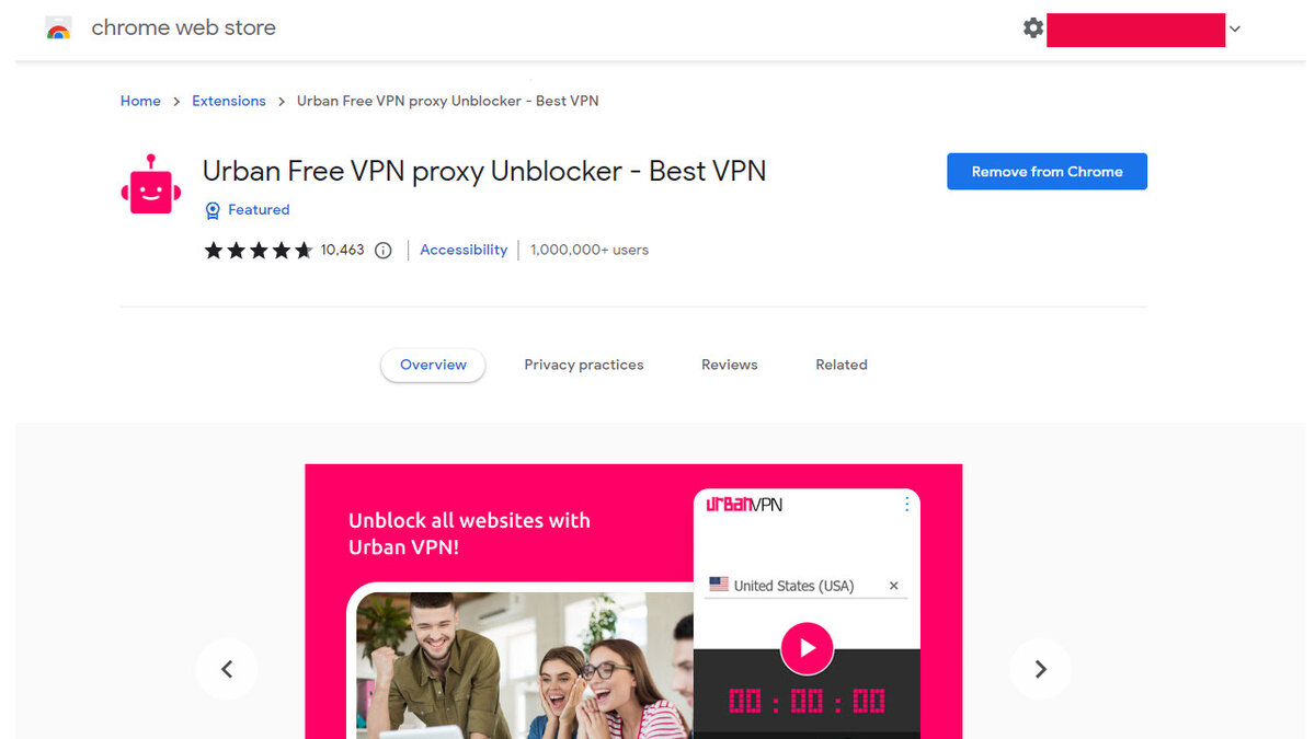 Магазин расширений Chrome с страницей Urban VPN