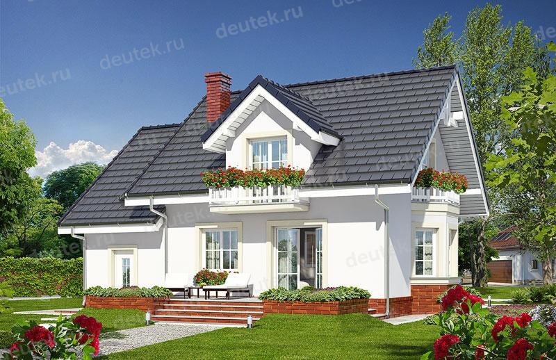 Проект двухэтажного дома 158 м2 из керамоблоков с гаражом, эркером, балконом и террасой - DTV100105