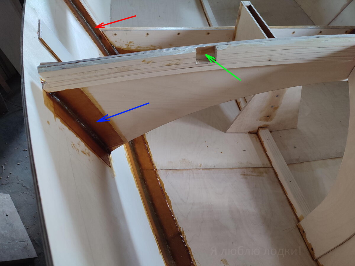 Синей стрелкой показано соединение переборки Е с бортом. Красной - соединение шпангоута С с бортом. Зеленой - паз для продольной подпалубной балки (карлингса)