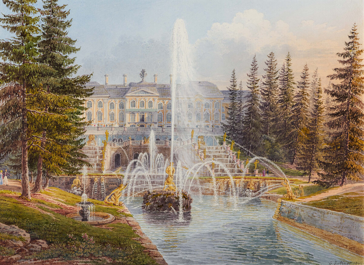 Иоганн Якоб Мейер (1787-1858 годы)
Большой Каскад в Петергофе,
Акварель, 1844 год.