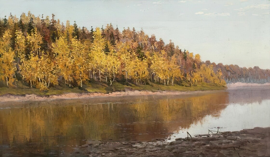 "Осенний пейзаж с рекой", начало XX века Холст, масло 38,5 х 57 см. Иркутский областной художественный музей им. В.П. Сукачева. Вучичевич-Сибирский Владимир Дмитриевич