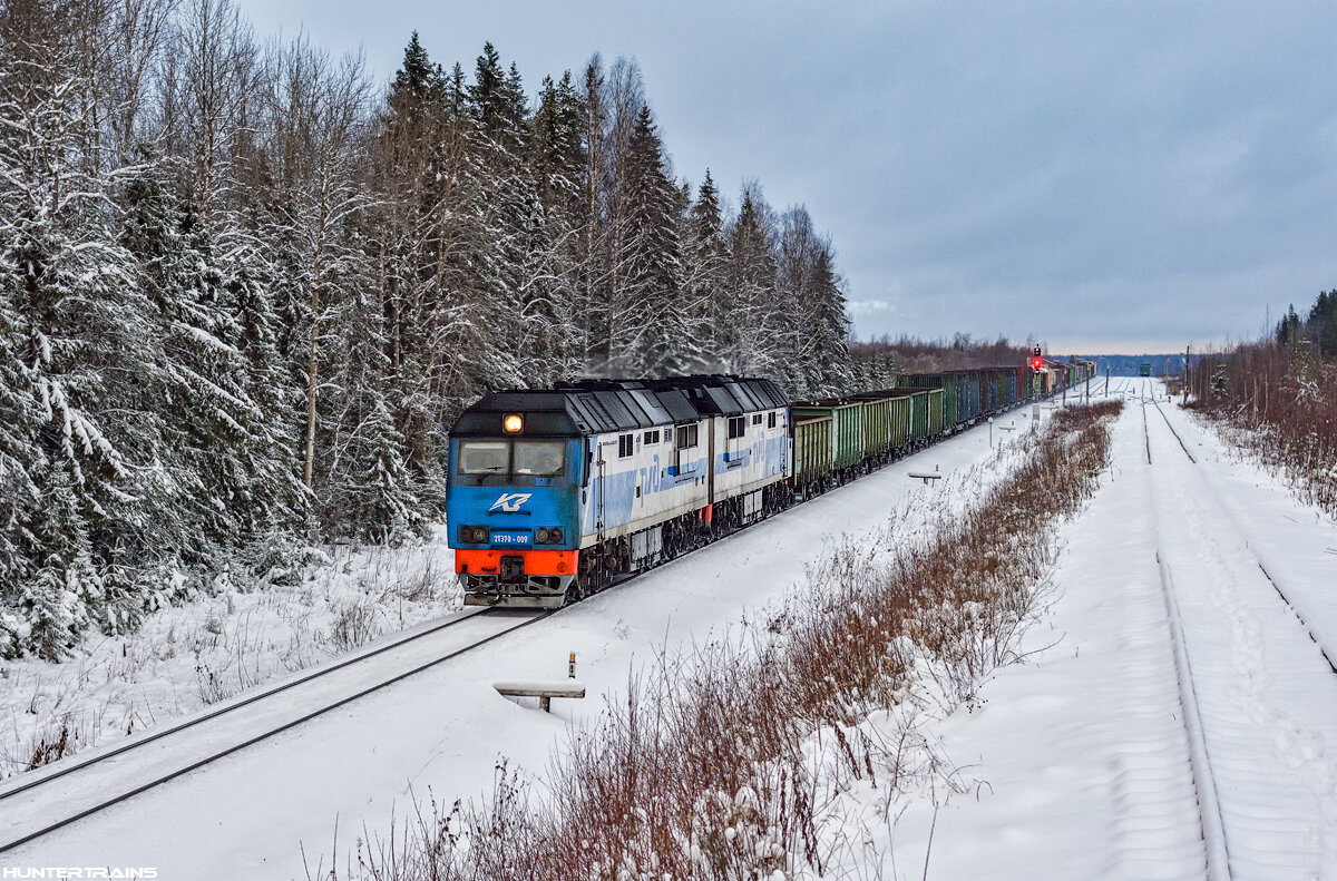 Тепловоз 2ТЭ70-009 с грузовым поездом на перегоне Безбожник — Комсомольский, Кировская область, 2017
