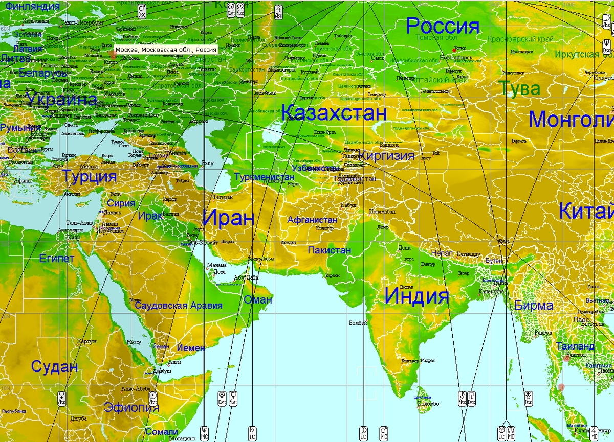астрокартографическая карта, где красными точками указаны города проживания (под словом Россия - место рождения, родной Томск). Линии, проходящие вдоль и поперёк карты - планетарные. Чем ближе линия - тем сильнее её влияние на человека в том месте.