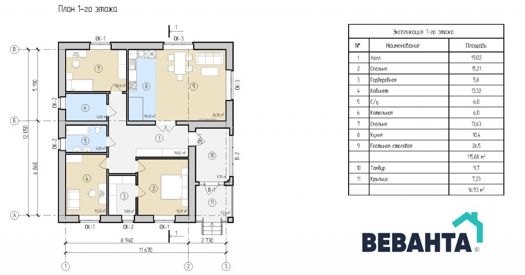 Дом из кирпича. 115,1м2 Проект 72-12, автор plans.ru - ЯМА Хлам дома (Газобетон,