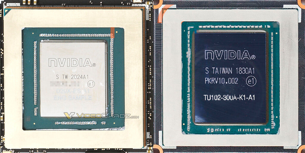 Слева – GPU GA102 в составе RTX 3080. Справа – TU102 в составе RTX 2080 Ti