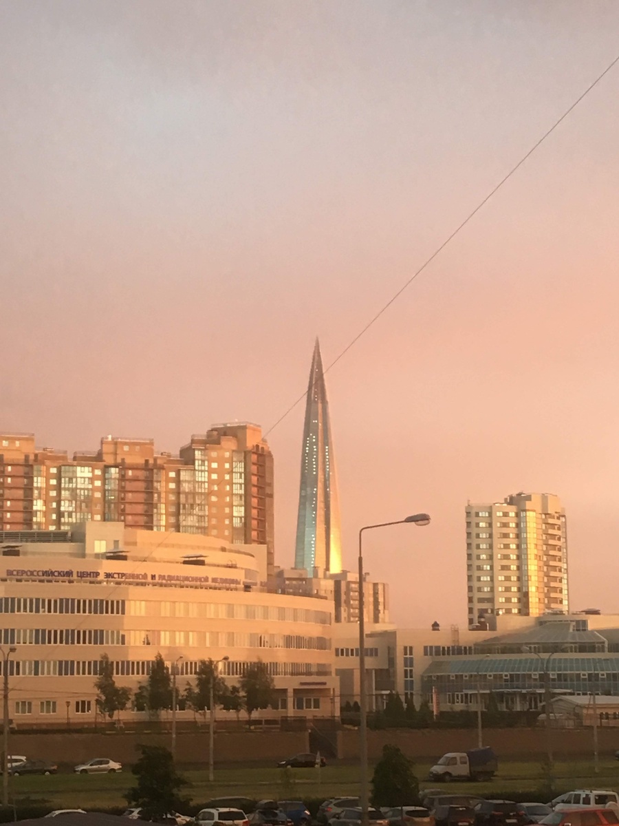 Приморский алеющий на закате район Петербурга