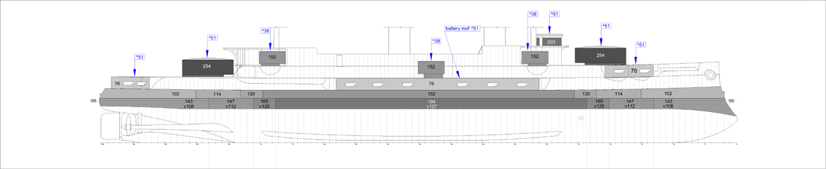 Схема внешней броневой защиты броненосца "Бородино"