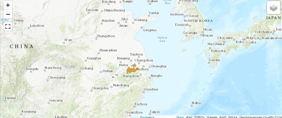 Современный ареал китайского аллигатора. Источник - www.iucnredlist.org