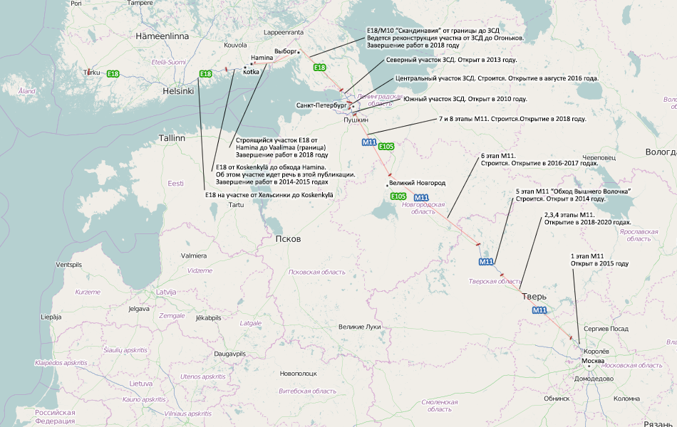 3. Карта автомагистралей от Хельсинки до Москвы через Санкт-Петербург.