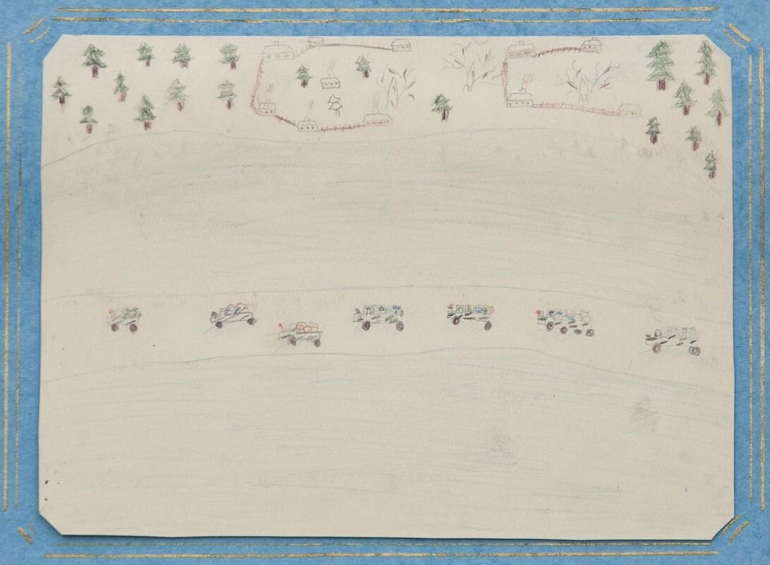 «Немцы решили заморить Ленинград голодом, а наши рабочие построили дорогу через Ладожское озеро, и все слали подарки в Ленинград!»
Галя Григорьева, 8 лет. 1941–1942 годы