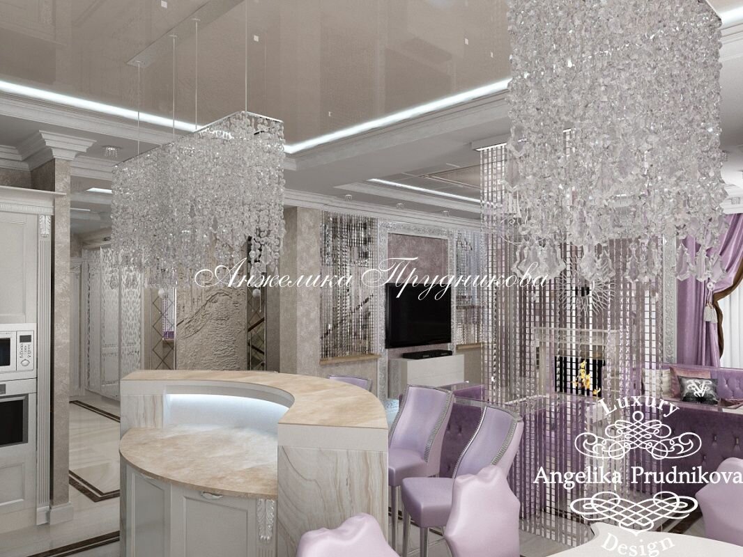 На фото: Дизайн кухни-столовой-гостиной в частном доме с колоннами в КП «Миллениум Парк»