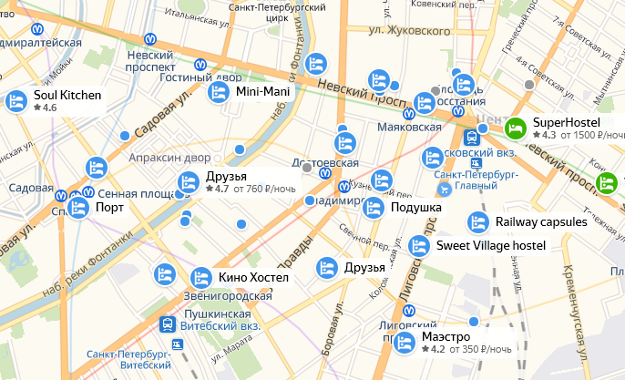 Пример большого количества хостелов в центре Санкт-Петербурга