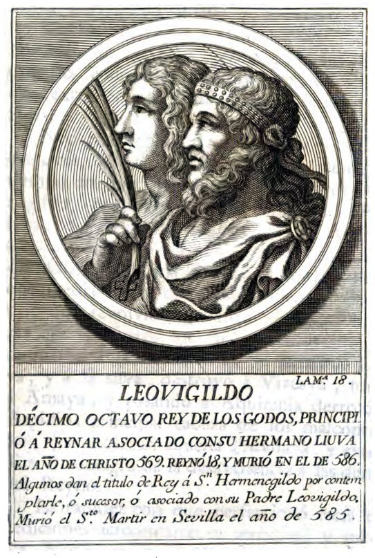 Леовигильд и его сын Герменегильд. Гравюра XVIII века Автор: Upload by Basilio - Retratos de los reyes de Espana ..., libro digitalizado por Google, Общественное достояние, https://commons.wikimedia.org/w/index.php?curid=8162586