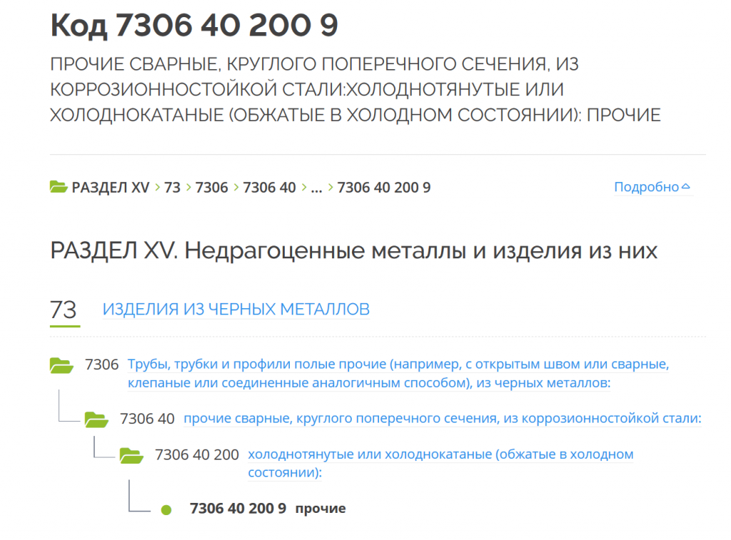  
 	 Справочник представляет собой дерево, которое составлено по принципу  иерархической структуры от общего к частному согласно характеристик и  свойств товаров. Выбор кода ТНВЭД для товара заканчивается при  достижении последнего уровня справочника. В окончательном значении кода  ТНВЭД должно быть 10 цифр. 