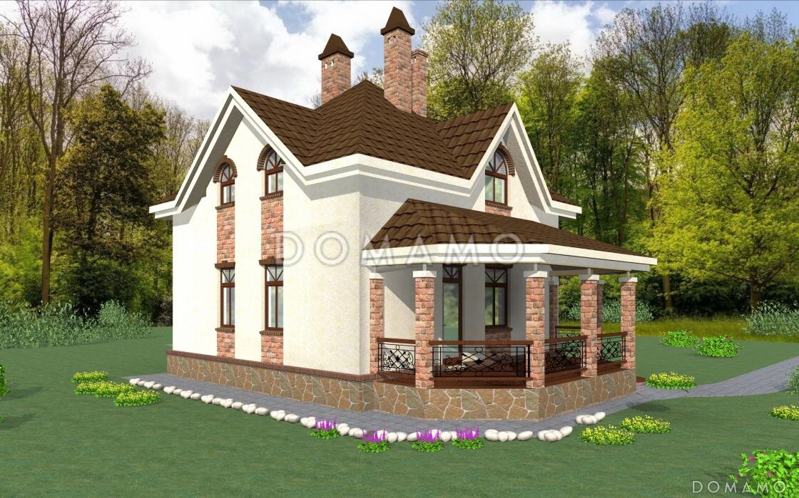 Проект D494 — квадратный коттедж с мансардой и террасой