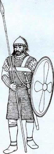 В VI столетии наиболее сложной школой пехотного боя служили византийские армии. Под Таджине в 552 г, (иначе Тагане, ныне Гуальдо-Тадино на севере Италии. — Прим. пер.) полководец Нарзес построил оборону, поставив пеших лучников на флангах, а в центре — спешенную тяжелую кавалерию и копейщиков, В тылу у передового строя разместились верховые отряды. Противник — италийские готы — также располагал кавалерией, пешими копейщиками и лучниками. Между тем, зная слабость готской пехоты, король Тотила сделал ставку на массированный удар кава -лерии. Теряя людей под ливнем византийс -ких стрел и не имея возможности пробиться через лес копий, готы вновь и вновь откатывались, пока не обратились в бегство, преследуемые верховым резервом Нарзеса (событие известно также и как битва при Буста-Галл ору м. — Прим. пер!).
Победа стала демонстрацией торжества византийской тактики. Упор на взаимодействие всех «родов войск» оставался отличительным   признаком   византийского военного искусства до XII столетия. «Боевой устав» VI века — «Стратегикон» (ЗТгаг'едгкоп) очерчивал византийскую военную доктрину на 500 лет вперед. Пехота применялась для поддержки кавалерии как оборонительное ядро или заслон, к которому в случае неудачной атаки могла отойти конница для перегруппировки, или же как своего рода «щит», под прикрытием которого кавалерия могла отступать.

Пехота состояла из копейщиков и лучни -ков, которые развертывались особым строем для отражения кавалерийских атак: «Первые три шеренги образовывали фулкон (/ои!кап) , прикрываясь щитами и врывая в землю тупые концы копий, острия которых торчали вперед по наклонной.., четвертые и пятые держали свои копья так, чтобы использовать для нанесения ударов или бросков. Легко вооруженная пехота стреляла из луков». Когда неприятель, не сумев преодолеть густую щетину копии, поворачивал коней, в дело вступала византийская кавалерия, обращавшая врага в бегство.

Повсеместно признанная теперь дата падения античной Римской империи никогда не являлась таковой для римлян. Хотя в 476 г. от Р.Х. разодранной на «варварские» королевства Западной империи «официально» пришел конец, возвращение утраченных провинций оставалось стратегической задачей «восточныхрим­лян», как предпочитали величать себя византийцы. Так, в 489 г. остготская армия отправилась в Италию для уничтожения власти варварского короля (Одоакра, или Одо-вакара, упразднившего империю в 476 г, и в итоге умерщвленного готами в 493 г. — Прим. пер.). Одна -ко возглавлявший готов Теодорих Великий обернул ситуацию себе на пользу и создал в Италии фактически независимое королевство, между тем он всегда признавал факт его принадлежнос -ти к империй в культурном плане. После того как в 533 — 534 гг. Византия уничтожила королевство вандалов в Африке, византийский император Юстиниан смог обратить внимание на Италию. Государство вандалов оказалось домиком на песке, а потому он ожидал, что и с королевским домом готов в Италии особых хлопот тоже не возникнет (прежде всего из-за ослабления королевства остготов после смерти Теодориха в 526 г. — Прим. пер.).