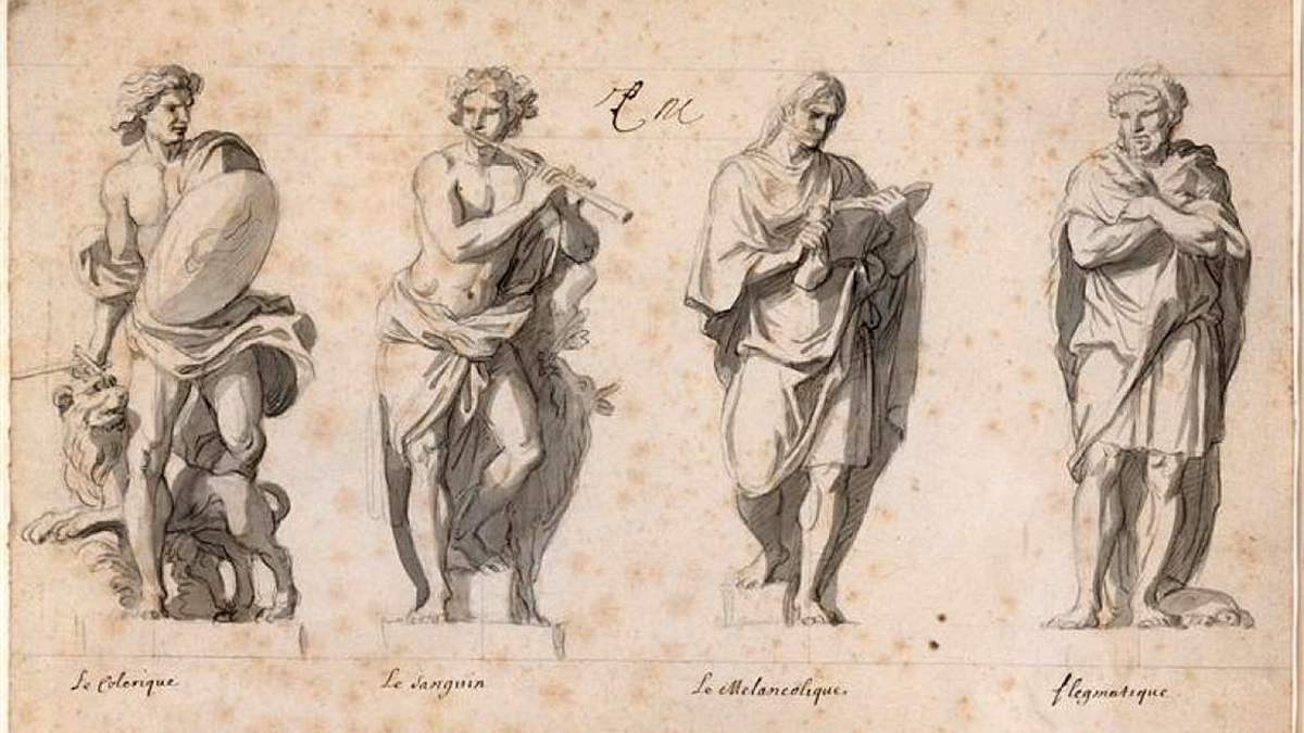 Темпераменты согласно гуморальной теории: эскиз статуй XVII века, автор Шарль Лебрён. Слева направо: холерик, сангвиник, меланхолик, флегматик