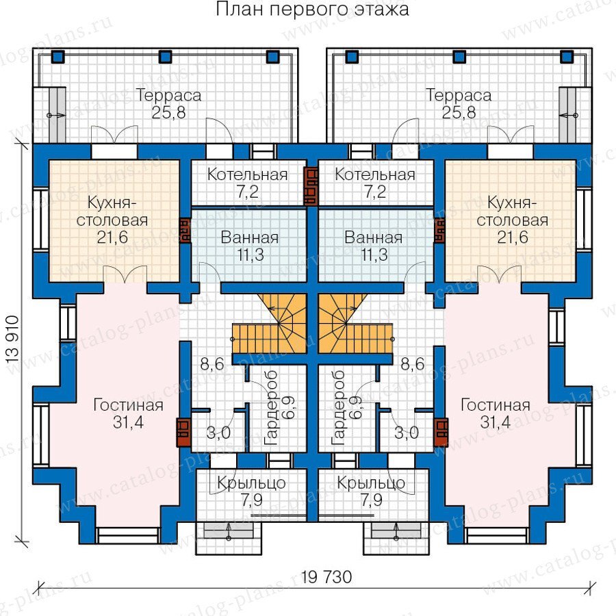 План таунхауса на 4 семьи с отдельными входами