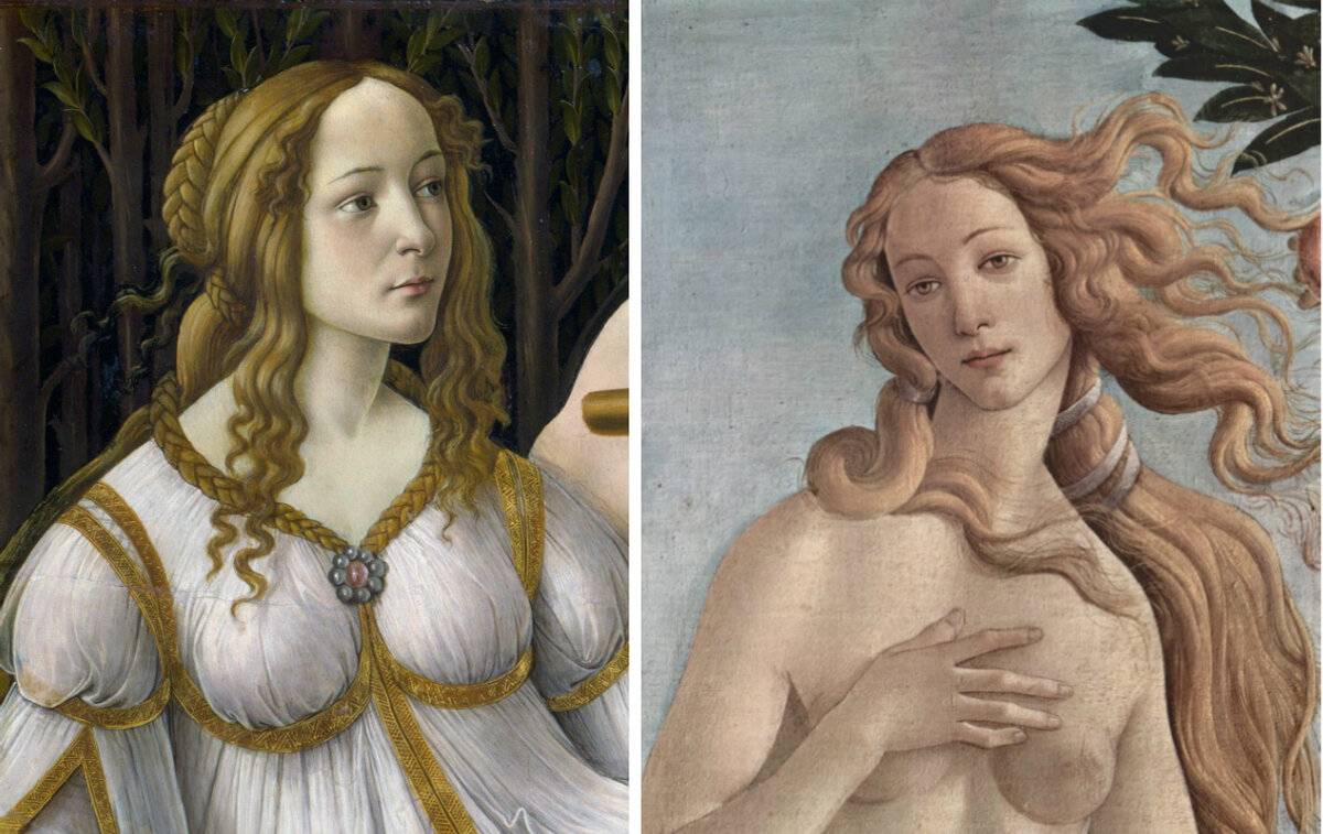 Боттичелли. Слева: фрагмент «Венера и Марс», ок. 1483  Справа: фрагмент картины «Рождение Венеры», 1485 