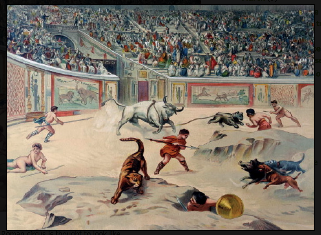 Сцена сражения гладиаторов с дикими животными в Колизее