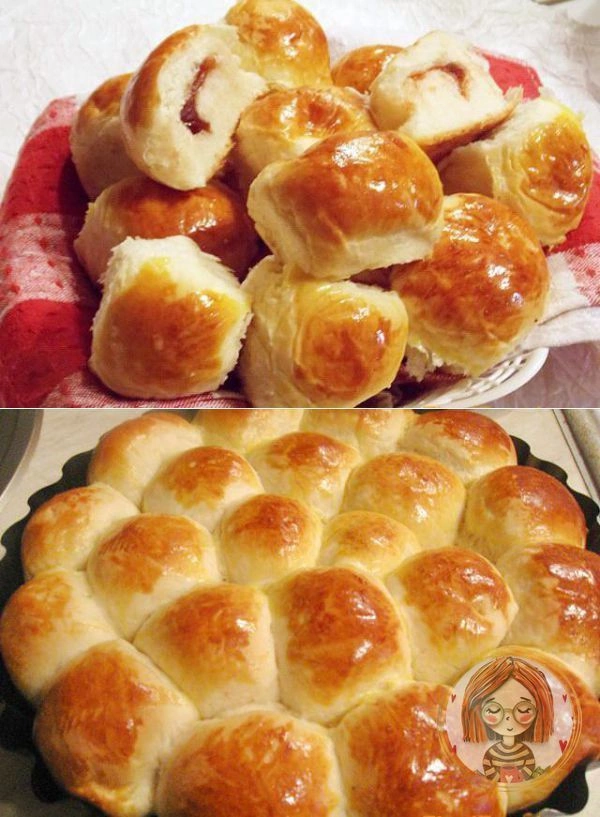 НАМ ПОТРЕБУЕТСЯ:
● 250 мл молока 
● 250 мл газированной воды 
● 4 ст. л. сахара 
● 0,5 ч. л. соли 
● 3 ст. муки 
● 100 г сливового повидла 
● 10 г ванильного сахара 
● 10 г быстродействующих дрожжей 
● 50 мл подсолнечного масла 
● 1 яичный желток 

НАЧНЕМ ПРИГОТОВЛЕНИЯ НАШИХ БУЛОЧЕК:
Обычное дрожжевое тесто, самое простое без яиц и сливочного масла, но какие получаются булочки! Просто восторг. Я всегда говорю, что залог успеха в каждом сдобном изделии — дрожжи. Если они свежие ваша выпечка будет превосходной. Нагреваем до теплого состояния (не горячего) молоко с газированной водой. Кладем туда дрожжи и сахар. Пройдет минут 5-7 и дрожжи «оживут». Затем просеиваем муку для обогащения ее кислородом и удаления ненужных примесей. В молоко с водой, дрожжами и сахаром кладем ванильный сахар, соль и рафинированное подсолнечное масло. Затем соединяем жидкую часть с мукой и замешиваем тесто. Тесто должно быть мягким и эластичным. 
После того как замесили ставим в теплое место для подъема. 
Через час оно обязательно увеличится в объеме, как минимум в два раза. Отрезаем по кусочку теста. Раскатываем в пласт, вырезаем выемкой кружки. 
В кружок кладем густое повидло. 
Залепливаем тесто в виде шарика. Кладем булочки в форму для выпекания, смазанную маслом или с бумагой для выпечки, швом вниз. 
Даем постоять при комнатной температуре минут 20-30. Смазываем желтком и отправляем в духовку, разогретую до 175-180 С° градусов. 
Выпекаем 35-40 минут.  Наши воздушные и очень вкусные булочки готовы! Прошу к столу!

Приятного аппетита!❤️