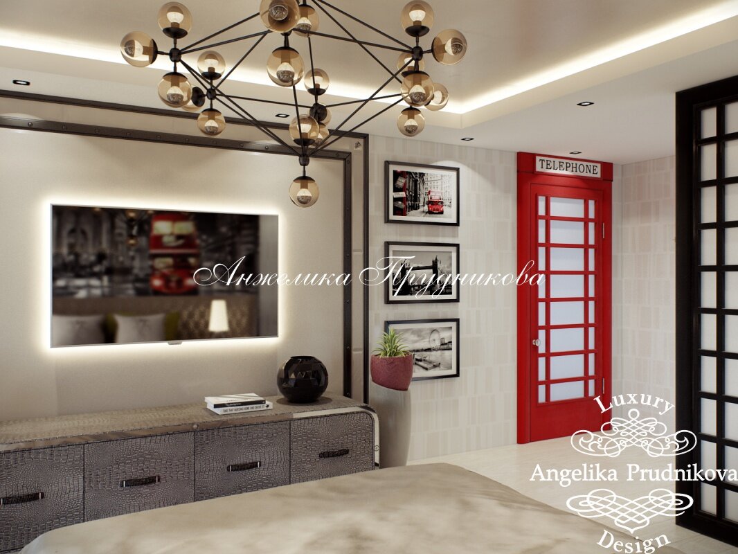 На фото: Красная дверь, стилизованная под английскую телефонную будку