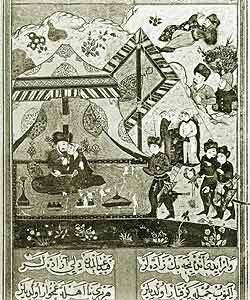 На миниатюре из «Шуджа'т-наме» Асафи-паши (1586) — эпической поэмы на турецком языке — крымский хан Адиль Гирай и его возлюбленная, пленённая принцесса из династии Сефевидов, сидят на ковре в богато убранном шатре.