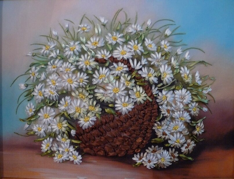 Вышивка атласным лентами по принту. Автор картины неизвестен.